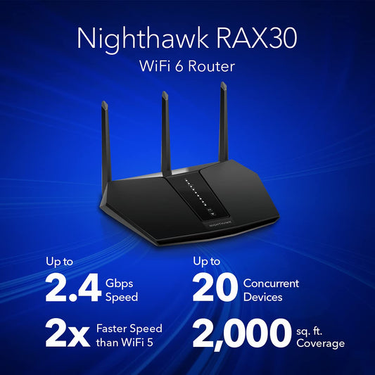 NETGEAR Nighthawk WiFi 6 Router (RAX30) 5-Stream Dual-Band Gigabit Router, AX2400 Wireless Speed (Up to 2.4 Gbps), Coverage Up to 2,000 sq.ft. and 20 Devices (Renewed)
