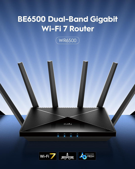 Cudy BE6500 WiFi 7 Router Dual Band Gigabit Gaming Router, 6500Mbps, VPN Client and Server, Cudy APP Control, Broadcom 2 GHz Quad-Core CPU, WR6500